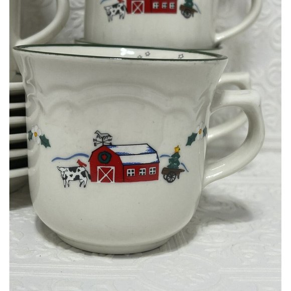 6 Christmas Cups & Saucers PFALTZGRAFF Country Scene with Barn Animals & Farmer - Picture 2 of 10